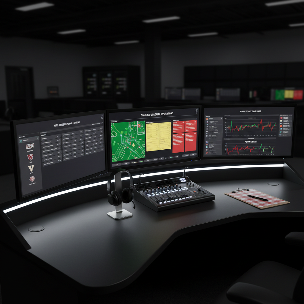 An immaculate control room workstation focused on sports event operations for Washington State University, featuring a curved array of ultra-wide monitors on a matte black desk. The central screen shows a live stadium operations dashboard with color-coded sections for crowd flow, concessions, and security, while side monitors display a game schedule, marketing timelines, and real-time social media sentiment graphs. A neatly labeled mixing console, a wireless headset resting on its stand, and a WSU-branded clipboard complete the setup. Cool, even LED task lighting highlights the glossy screens while leaving the background softly dimmed for contrast. Shot from a slightly elevated three-quarter angle in photographic realism, with a shallow depth of field, the mood is focused, high-tech, and professionally controlled, emphasizing behind-the-scenes sports management.