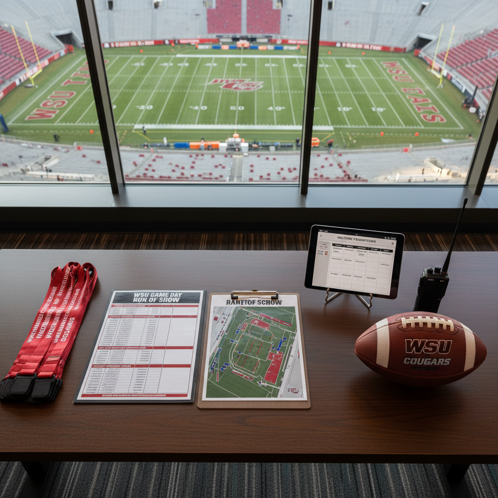 A detailed overhead shot of a Washington State University game-day operations table set up inside a stadium suite, without any people present. On a long, dark wood table lie neatly stacked crimson credential lanyards, a laminated run-of-show timeline, a clipboard with a color-coded field map, and a tablet displaying a digital marketing schedule for halftime promotions. A WSU-branded football and sleek wireless radio sit side by side, their textures—pebbled leather and matte plastic—contrasting against the polished surface. Warm afternoon light filters through large windows behind, revealing a softly blurred view of the stadium field. Photographic realism with balanced composition and moderate depth of field, creating a professional, energetic but controlled atmosphere that captures the precision of sports event management and marketing coordination.