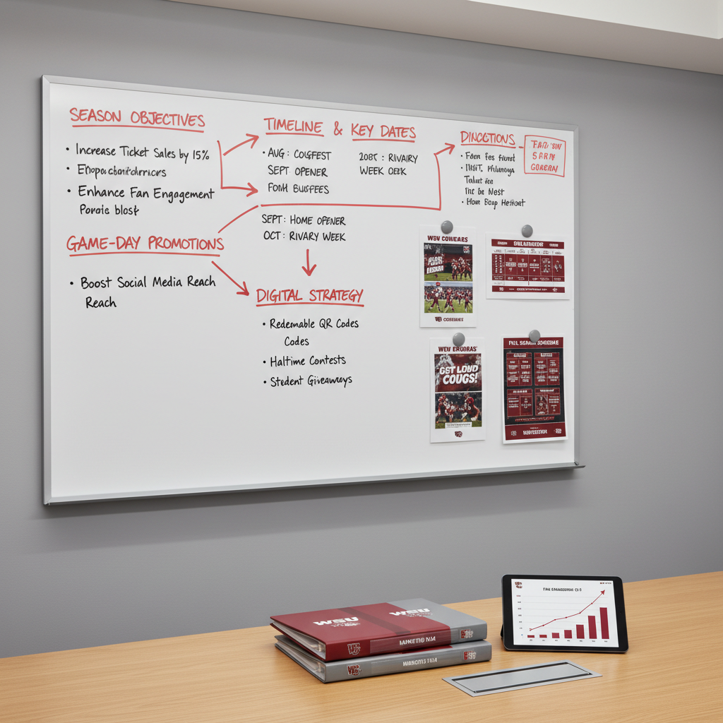 A meticulously organized whiteboard filled with a detailed sports marketing campaign for a Washington State University athletics season, mounted on a soft gray wall in a quiet conference room. Bold crimson arrows connect neatly written objectives, timelines, and game-day promotions, while printed mockups of social media posts and schedule posters are attached with clean magnets. A polished wooden table below holds a tidy row of branded binders and a tablet showing a bar graph of fan engagement metrics. Diffused overhead LED lighting creates even illumination with gentle shadows, emphasizing clarity and precision. Captured at eye level with a slight three-quarter angle, photographic realism, the atmosphere is strategic, data-driven, and professional, suggesting careful planning behind collegiate sports operations.