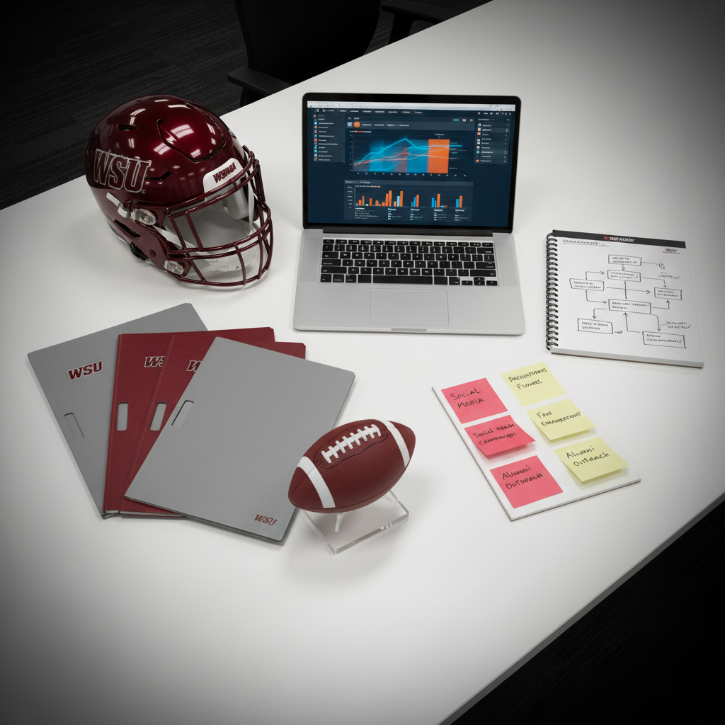 A neatly arranged flat lay of sports strategy and marketing tools on a clean white desk in a modern campus office. A crimson and gray Washington State University football helmet sits prominently in the upper left, its glossy finish sharply reflecting overhead fluorescent lighting. Beside it, a sleek silver laptop displays a blurred sports analytics dashboard, next to a spiral-bound notebook open to a hand-drawn operations flowchart. Branded WSU folders, a college football on a clear acrylic stand, and color-coded sticky notes complete the scene. Shot from a perfectly overhead, photographic realism perspective with crisp focus and subtle vignetting, the mood is professional, focused, and aspirational, conveying organized sports management and marketing planning in an academic setting.