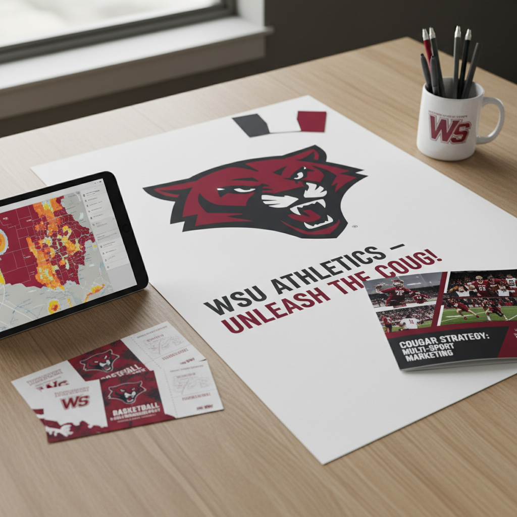 A close-up, photographic realism shot of a Washington State University athletics brand concept spread across a modern workspace. A large crimson and gray poster mockup featuring bold typography and a stylized cougar logo lies centered on a light oak table. Around it are carefully arranged color swatch cards, a tablet showing a fan-engagement heat map, printed ticket designs, and a glossy brochure for a multi-sport marketing campaign. A WSU-branded mug filled with neatly organized pens adds a subtle academic touch. Soft, natural window light from the left creates gentle highlights on the glossy print surfaces and mild shadows on the textured wood. Captured from a low, angled perspective using the rule of thirds, the mood is creative yet disciplined, evoking professional sports marketing development within a collegiate environment.